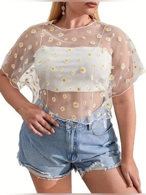 White Sheer Mesh Daisy Floral Top, Short Sleeve Floral Mesh Top